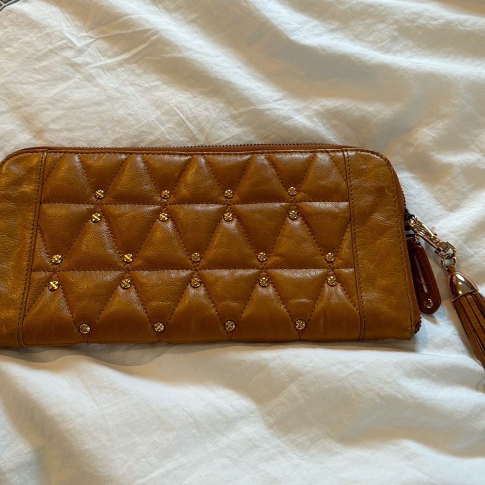 rebecca minkoff brown leather with studs large clutch with tassle